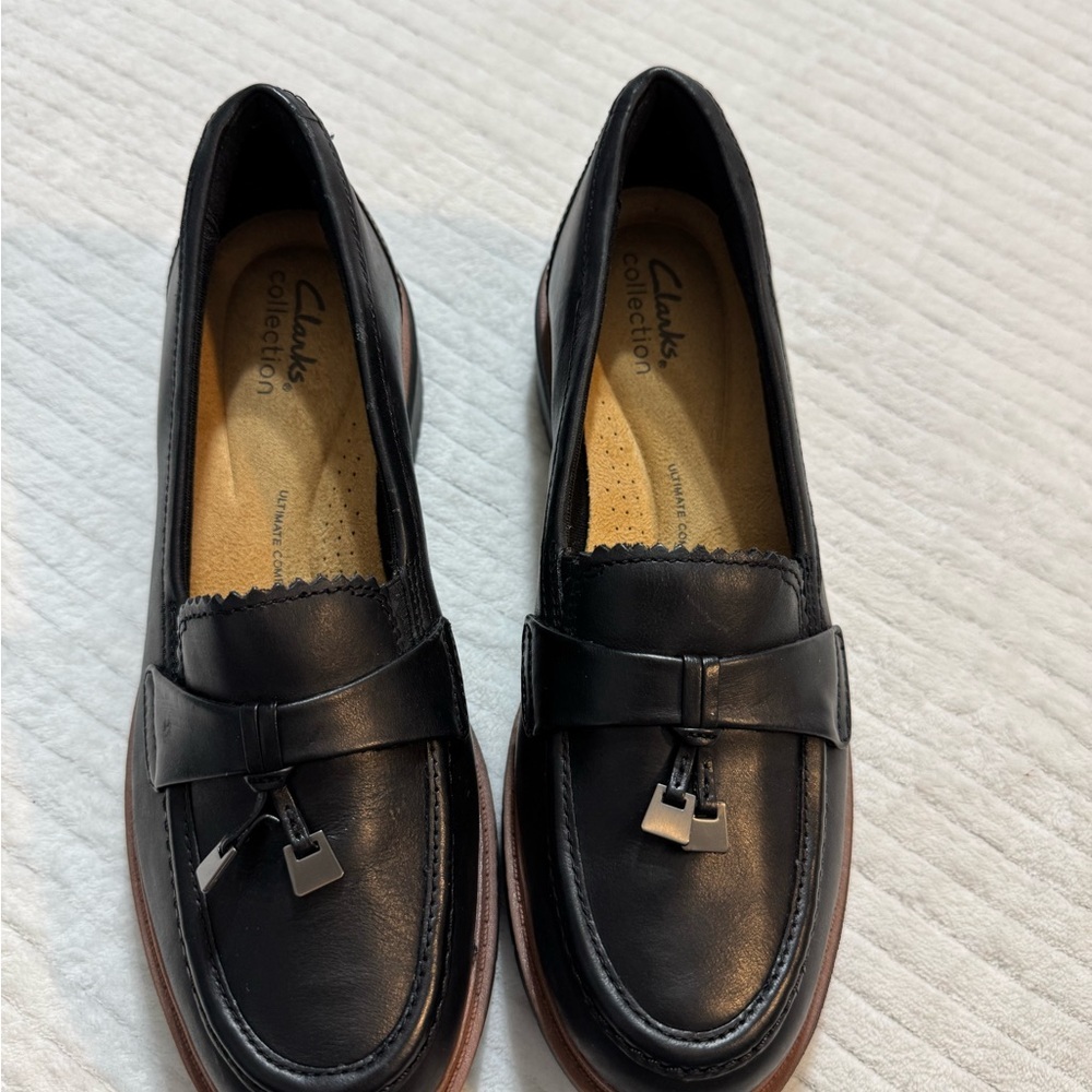 Clarks Black Leather Loafers with Buckle Detail
